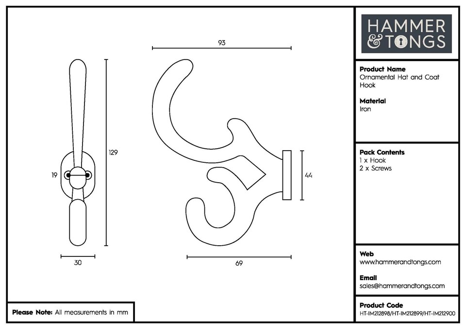 image 1 of Hammer & Tongs Ornamental Hat & Coat Hook - W30mm x H130mm - Black