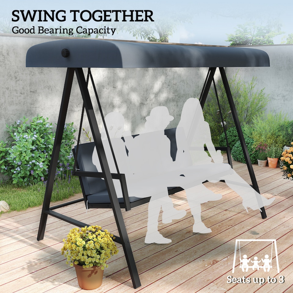 image 1 of Outsunny 3 Seater Garden Swing Chair with Adjustable Canopy, Dark Grey | Grey | Dark Grey