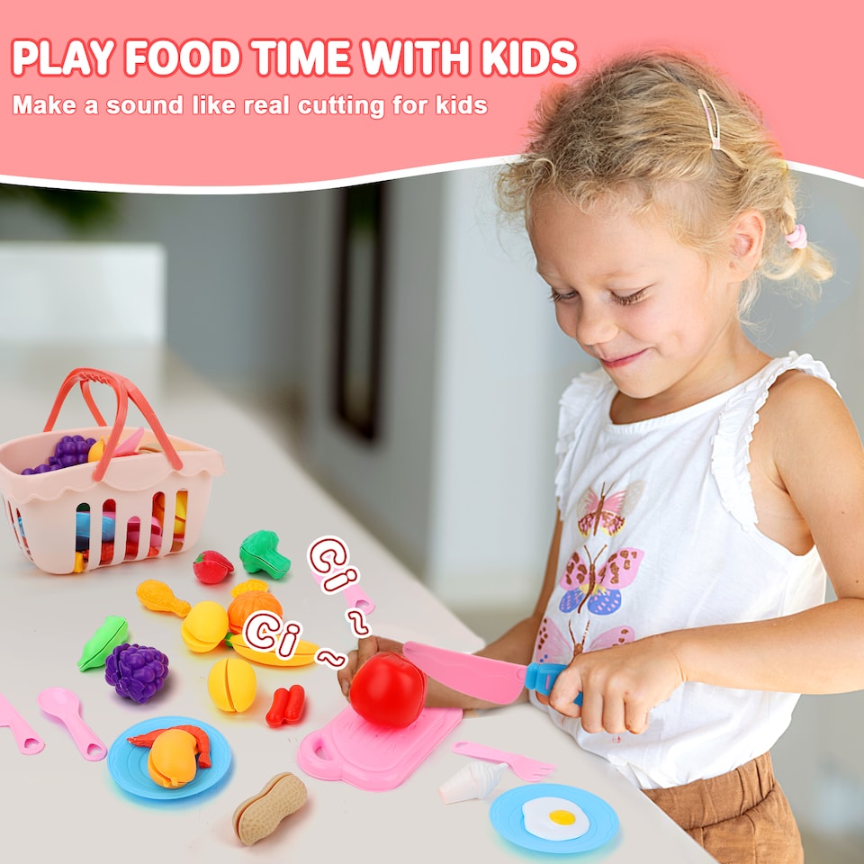 image 1 of Little Bear Trolley Toy Set with 35 Colourful Food and Kitchen Accessories