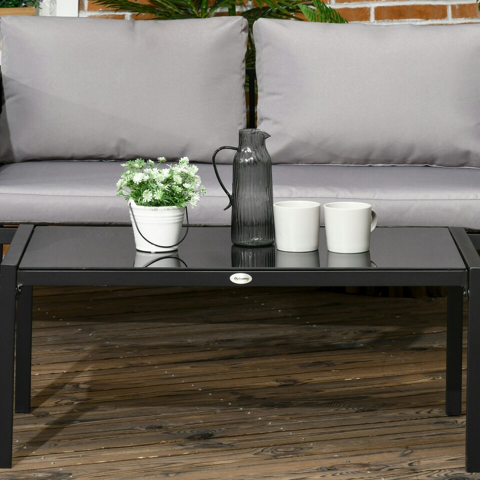 image 1 of Outsunny 4 Piece Garden Sofa Set w/ Tempered Glass Coffee Table Light Grey