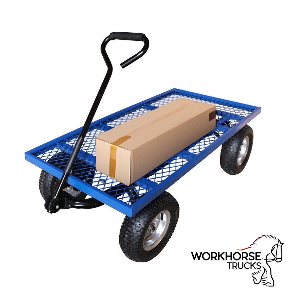 image 1 of Workhorse Trucks General Purpose Heavy-Duty Platform Truck With A Mesh Base, Pneumatic Wheels, Loop Handle, 450kg Capacity | Blue