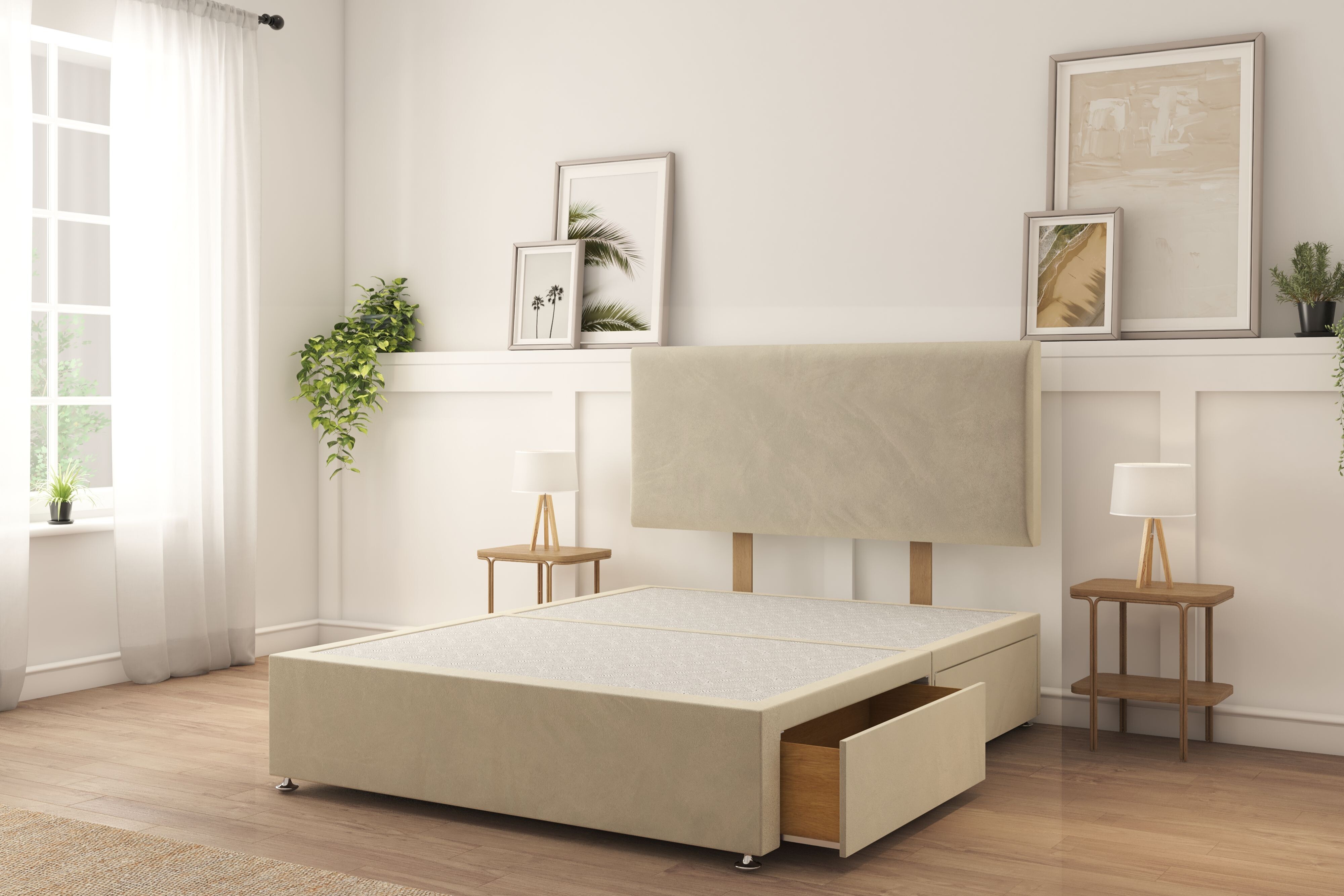 Sloomy Ashford Cream Plush Divan Bed Base 2 Drawers Same Side With 26" Strutted Headboard 4'6 Double