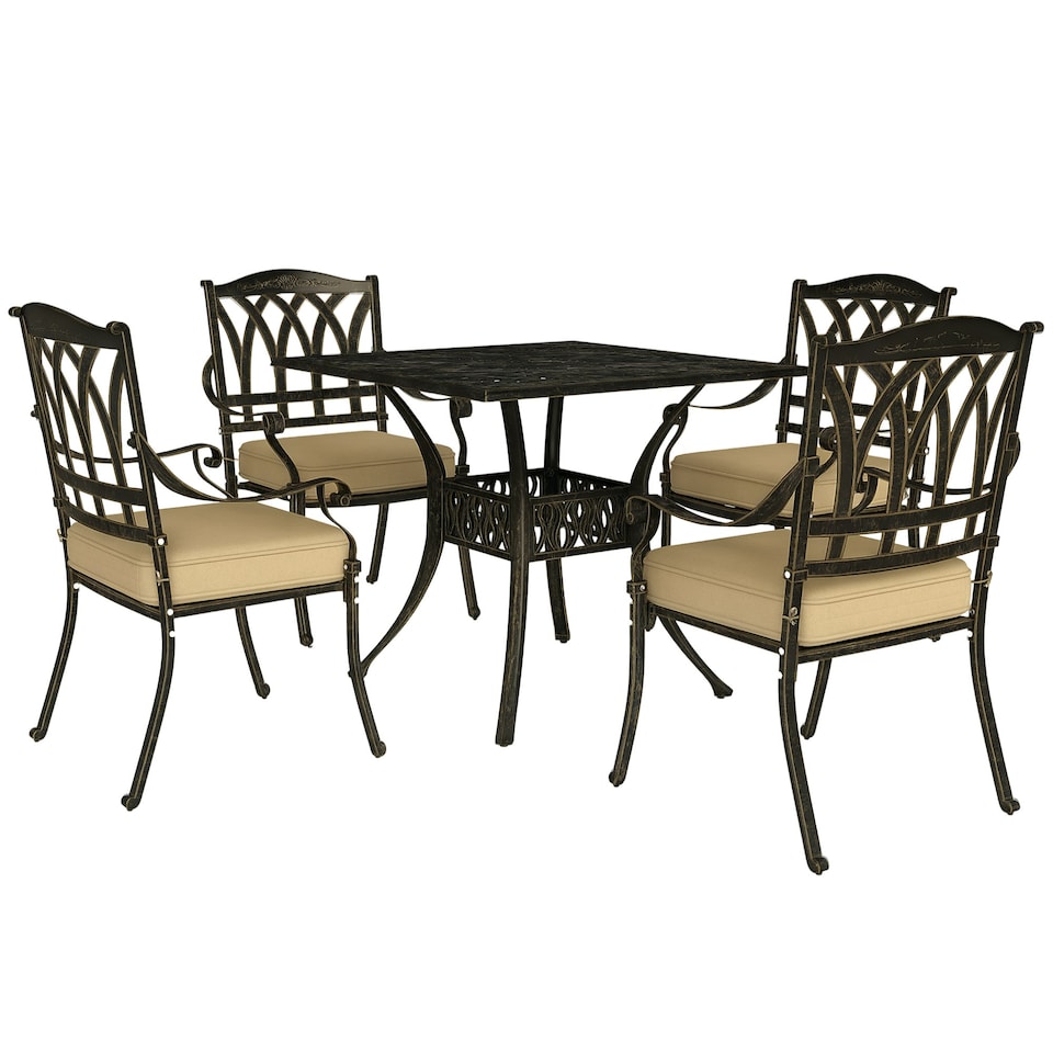 image 1 of Outsunny 5 Pieces Cast Aluminium Garden Dining Set with Parasol Hole, Bronze