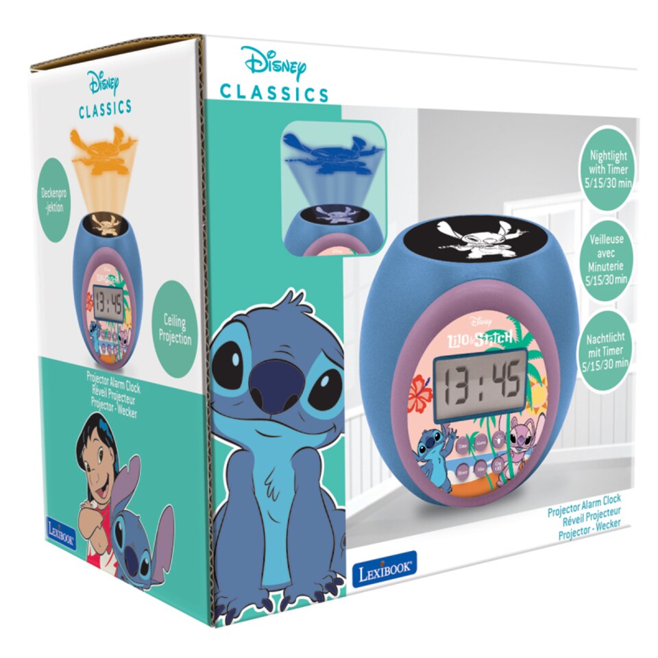 image 1 of Lexibook RL977D Disney Stitch Childrens Projector Clock with Timer