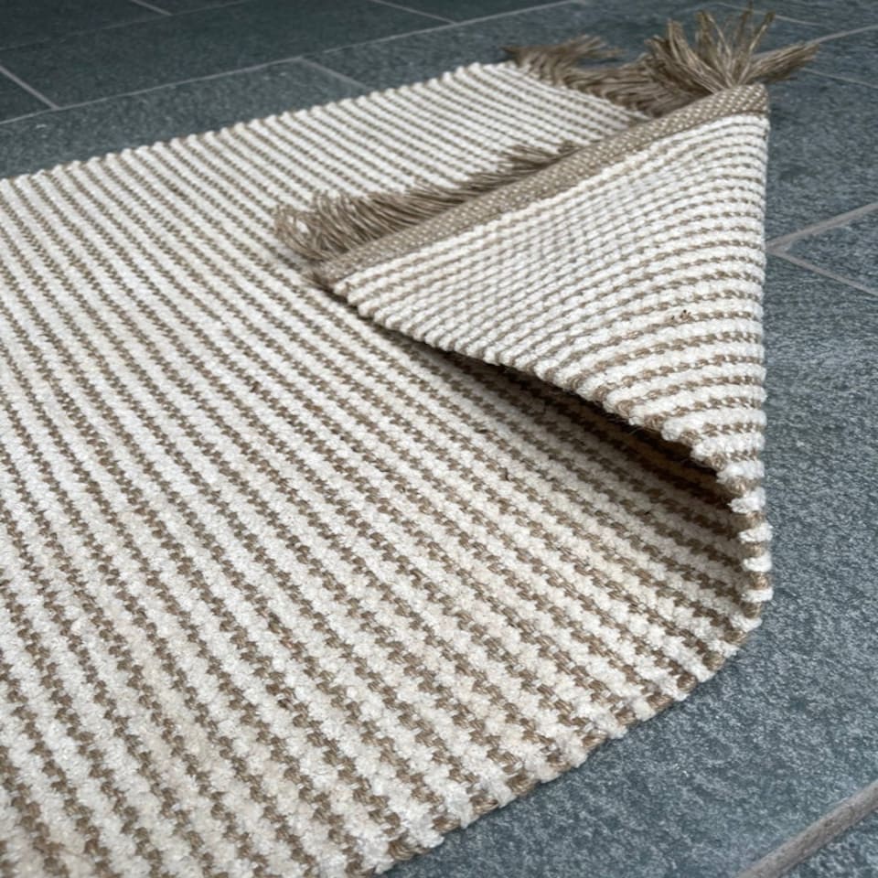 image 1 of Colva Rug Yarn in Natural Beige Ivory Stripes - Cotton - L90 x W150 Brown