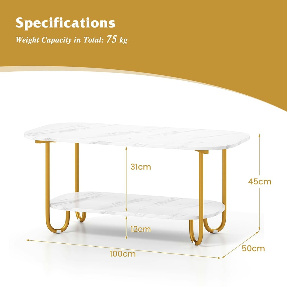 image 1 of COSTWAY Faux Marble Top Coffee Table 2-tier Tea Table White