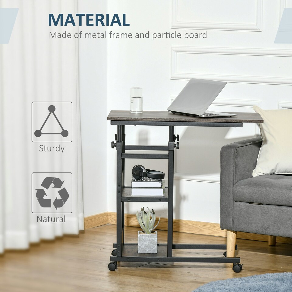 image 1 of HOMCOM C-Shaped Mobile Sofa Bed Side Table Adjust Height 3-Tier Cart w/ Brake