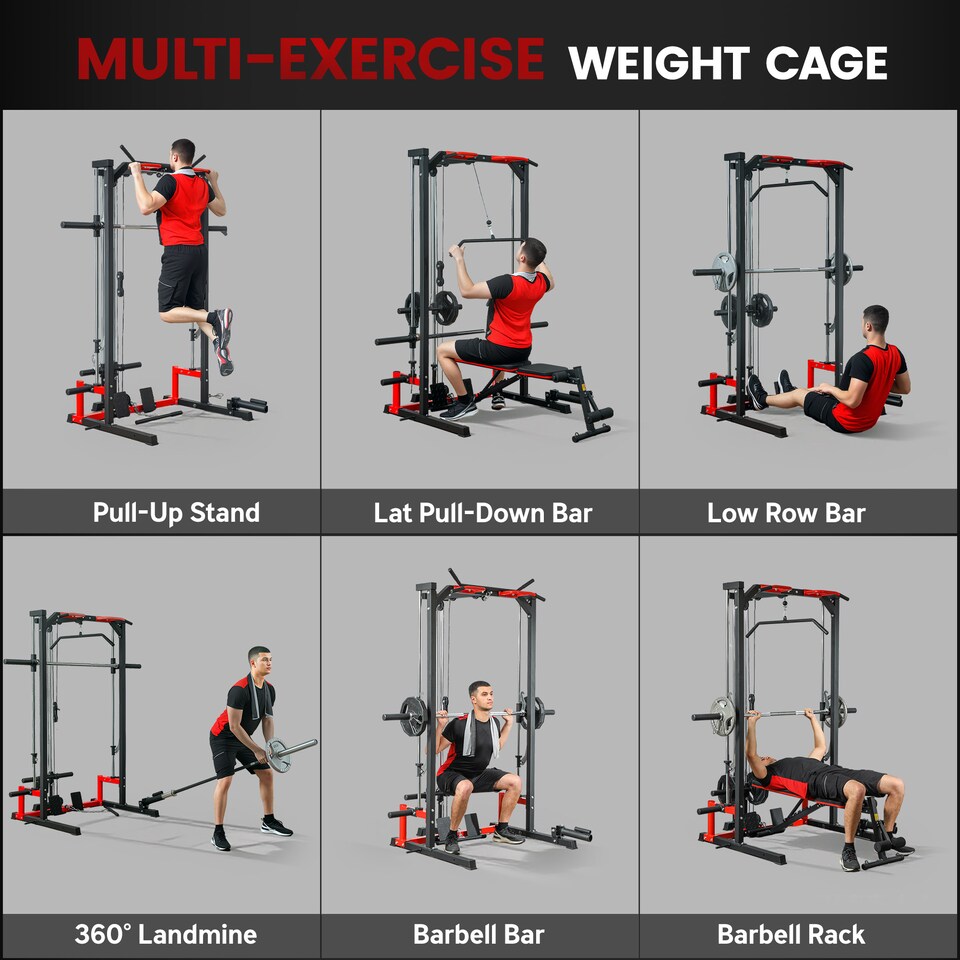 image 1 of SPORTNOW Multi-Function Power Rack, Cable Crossover Machine with Pull Up Bar, Lat Pull Down System, Squat Rack, Barbell Bar, Landmine, Plate Storage Posts, for Home Gym Workout