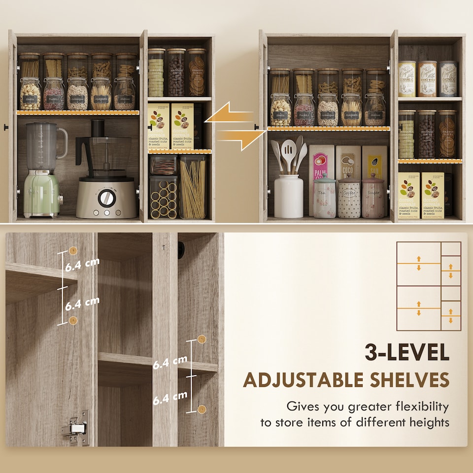 image 1 of HOMCOM 172 cm Tall Kitchen Cupboard, Pantry Storage Cabinet with Tempered Glass Doors and Soft-Close Hinges, Freestanding Kitchen Cabinet with Adjustable Shelves and 6 Open Shelves, Light Grey | Grey | Light Grey