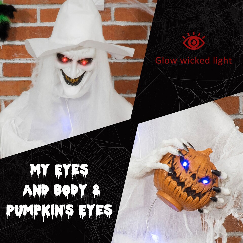 image 1 of Outsunny 74 Inch Halloween Decorations White Witch Holding Pumpkin Head, Standing Skeleton Ghost Prop Life Size with Light Up Eyes and Body