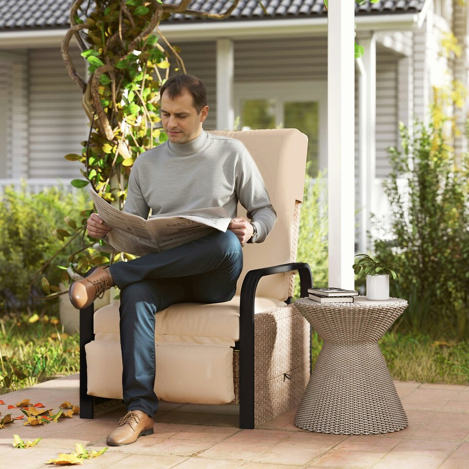 image 1 of Outsunny Rattan Garden Recliner Chair Sun Lounger w/ Side Tray Brown