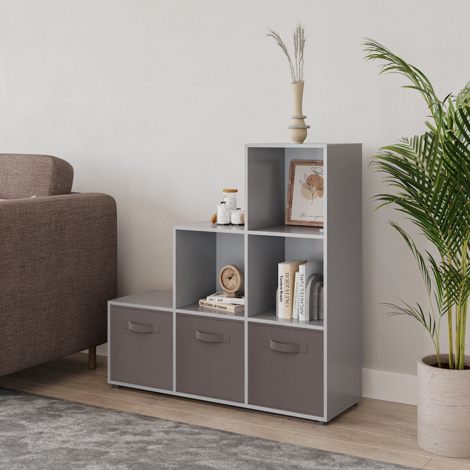image 1 of 6-Cube Step Shelving Unit With Non Woven Inserts | Grey | Grey & Grey | 1