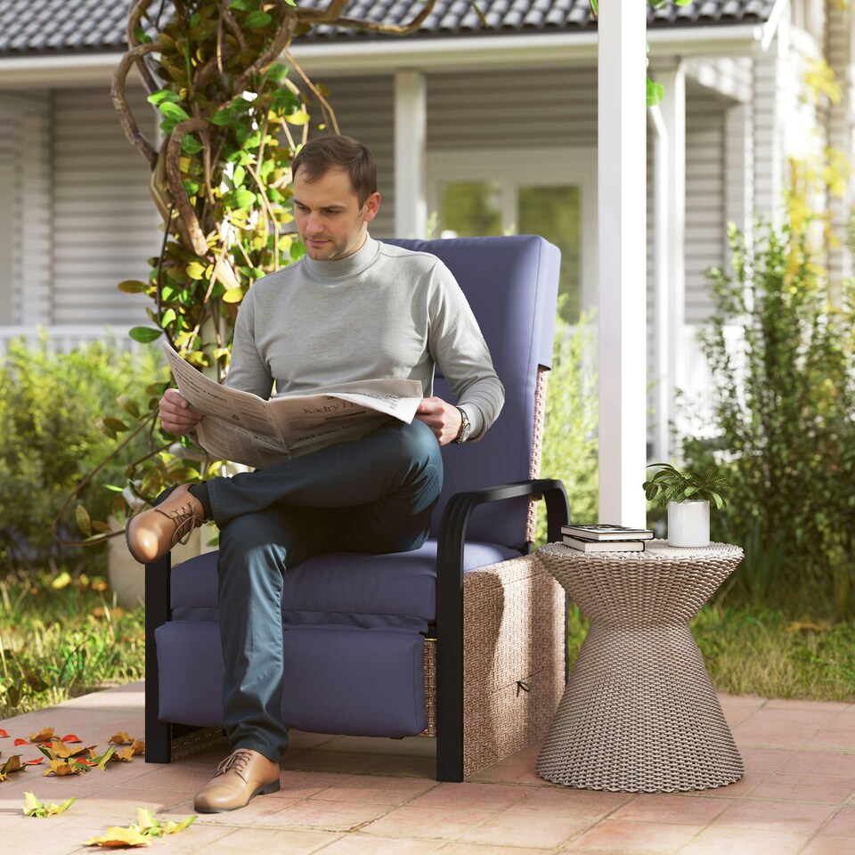 image 1 of Outsunny Rattan Garden Recliner Chair Sun Lounger w/ Side Tray Grey