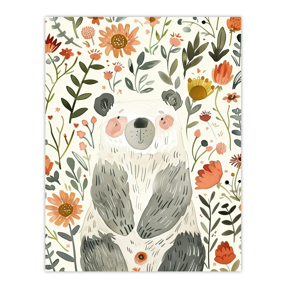 image 1 of Happy Baby Bear with Flowers Watercolour Kids Black Framed Wall Art Print A4