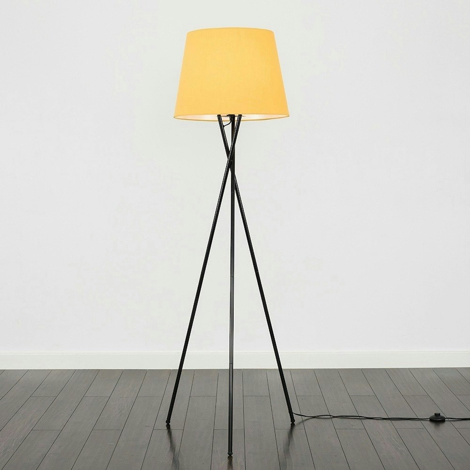 image 1 of ValueLights Camden Black Tripod Floor Lamp Mustard Taper Shade & Bulb Yellow