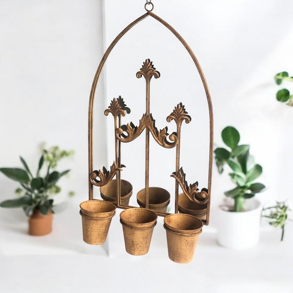 image 1 of Wall Mirror with Triple Planter - Metal - L15 x W45 x H75 cm - Rusty