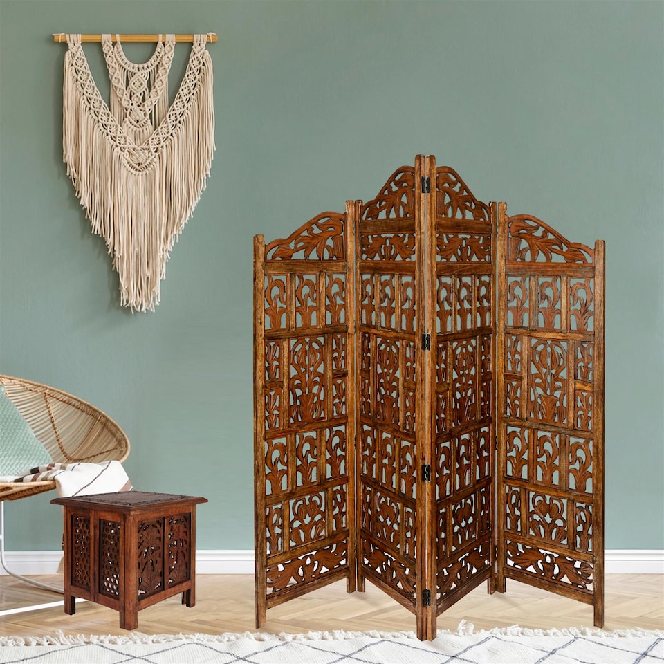 image 1 of 4 Panel Heavy Duty Carved  Screen Wooden Gamla Design Room Divider Light Brown 200 x 180 cm | Brown | Light Brown | 200 x 180 cm
