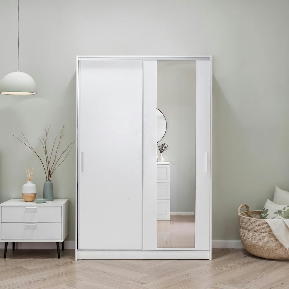 image 1 of Adore Matt White Sliding 2 Door Wardrobe 120cm with Mirror White