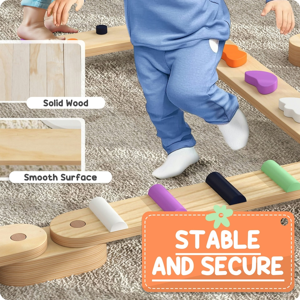 image 1 of AIYAPLAY Wooden Balance Beam for Kids 3-8 Years, Indoor Outdoor Use