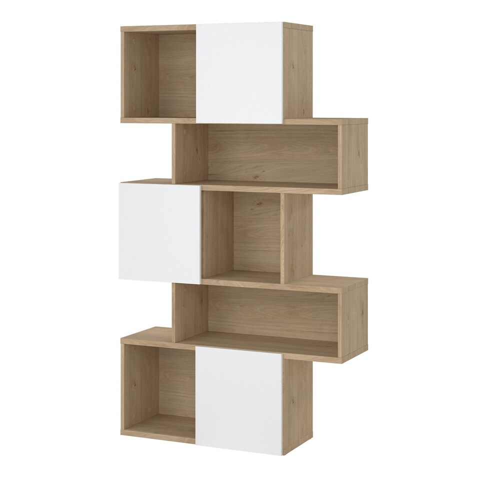 image 1 of Maze Asymmetrical Bookcase with 3 Doors in Jackson Hickory and White High Gloss