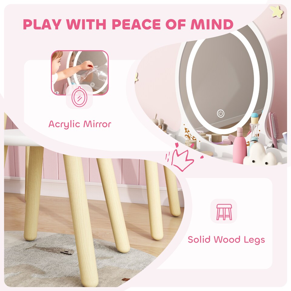 image 1 of AIYAPLAY Kids Vanity Table and Chair Set, 2 in 1 Children Dressing Table with 3-Colour LED Lights Mirror, Drawer, Storage Boxes, Girls Makeup Desk Set for 3+ Years, for Playroom, Bedroom, White