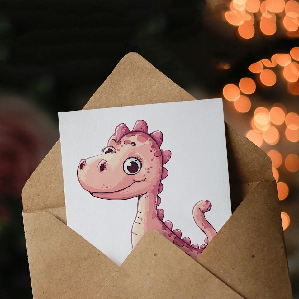 image 1 of Cute Pink Dinosaur Cartoon Kids Girl Boy Child Baby Birthday Card