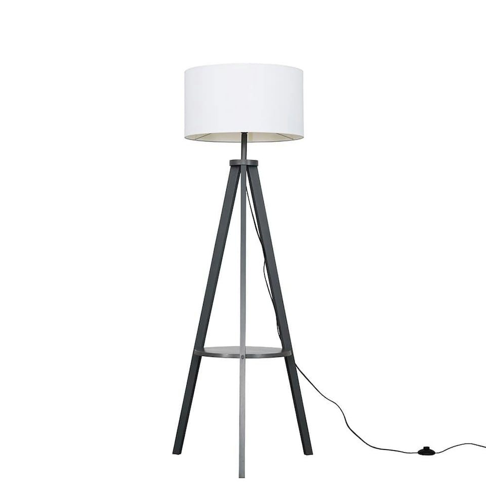image 1 of ValueLights Morrigan White Shade Grey Wood Tripod Floor Lamp & Bulb | White