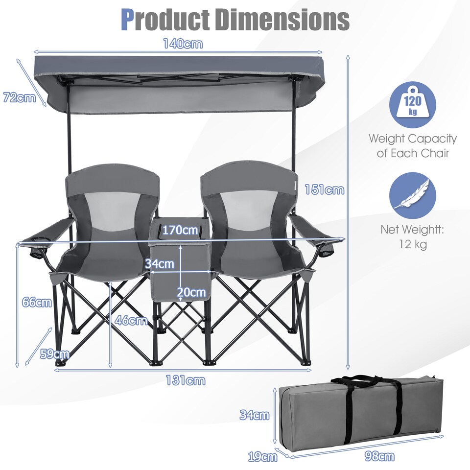 image 1 of COSTWAY Double Sunshade Folding Chairs 2-person Chairs | Grey
