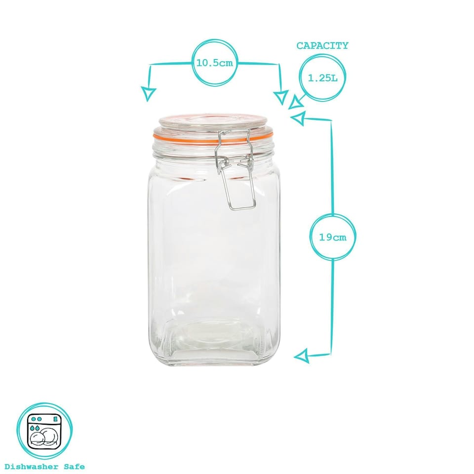 image 1 of Argon Tableware Square Glass Jars with Clip-Top Lids - 1.25L - Pack of 6