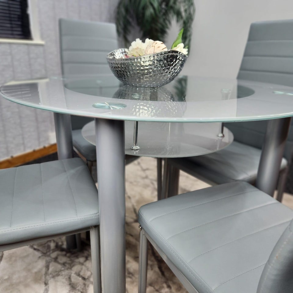 image 1 of Dining Table And 4 Chairs Grey Round Table With 4 Grey Chairs Dining Room Furniture | Grey | One Size | 5