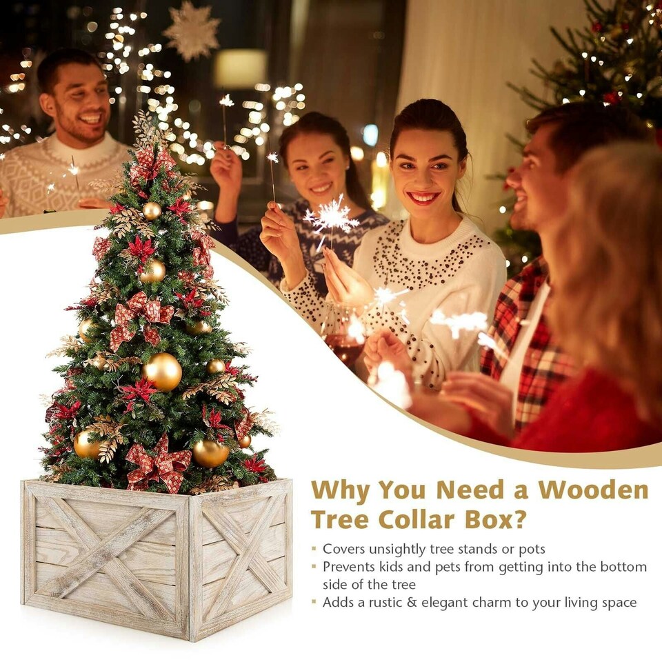image 1 of COSTWAY Christmas Tree Collar Box Wooden Tree Box Stand Brown | One Size