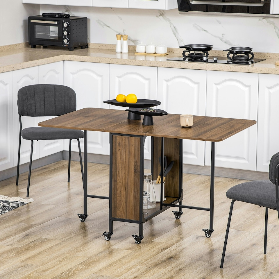 image 1 of HOMCOM Mobile Drop Leaf Dining Table on Wheels with Shelf Light Brown