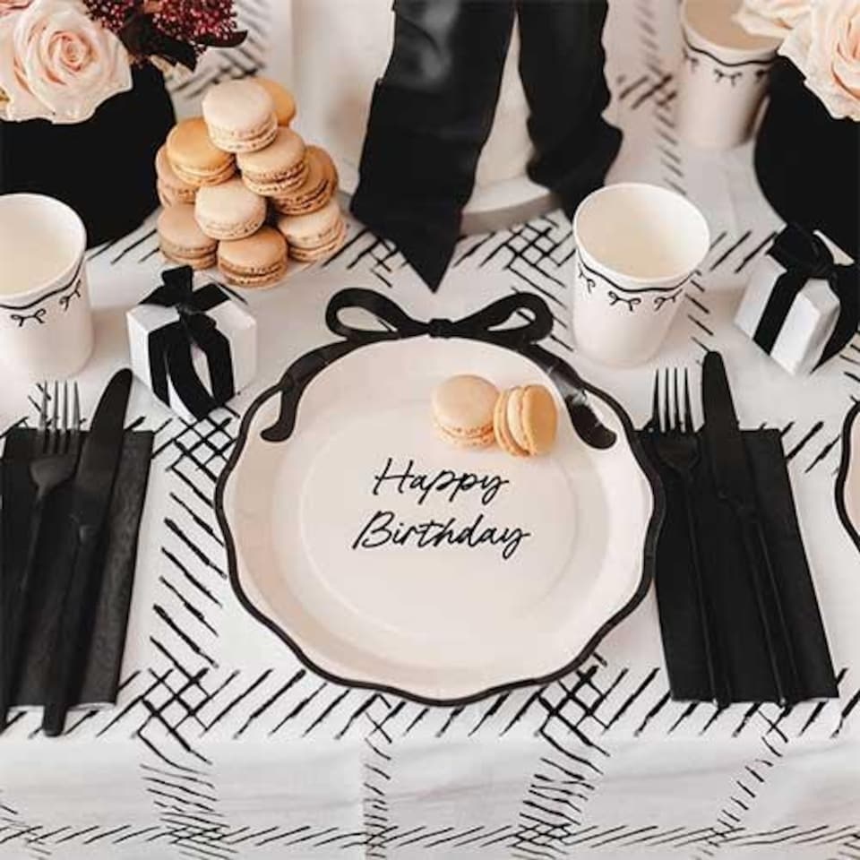 image 1 of Happy Birthday Black Bow Cream Elegant Milestone Round Paper Plates 27cm - Pack of 6 Black
