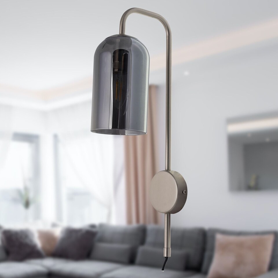 image 1 of Victoria - Satin Nickel Plug in Wall Light with Glass Shade | Chrome | Grey | 1