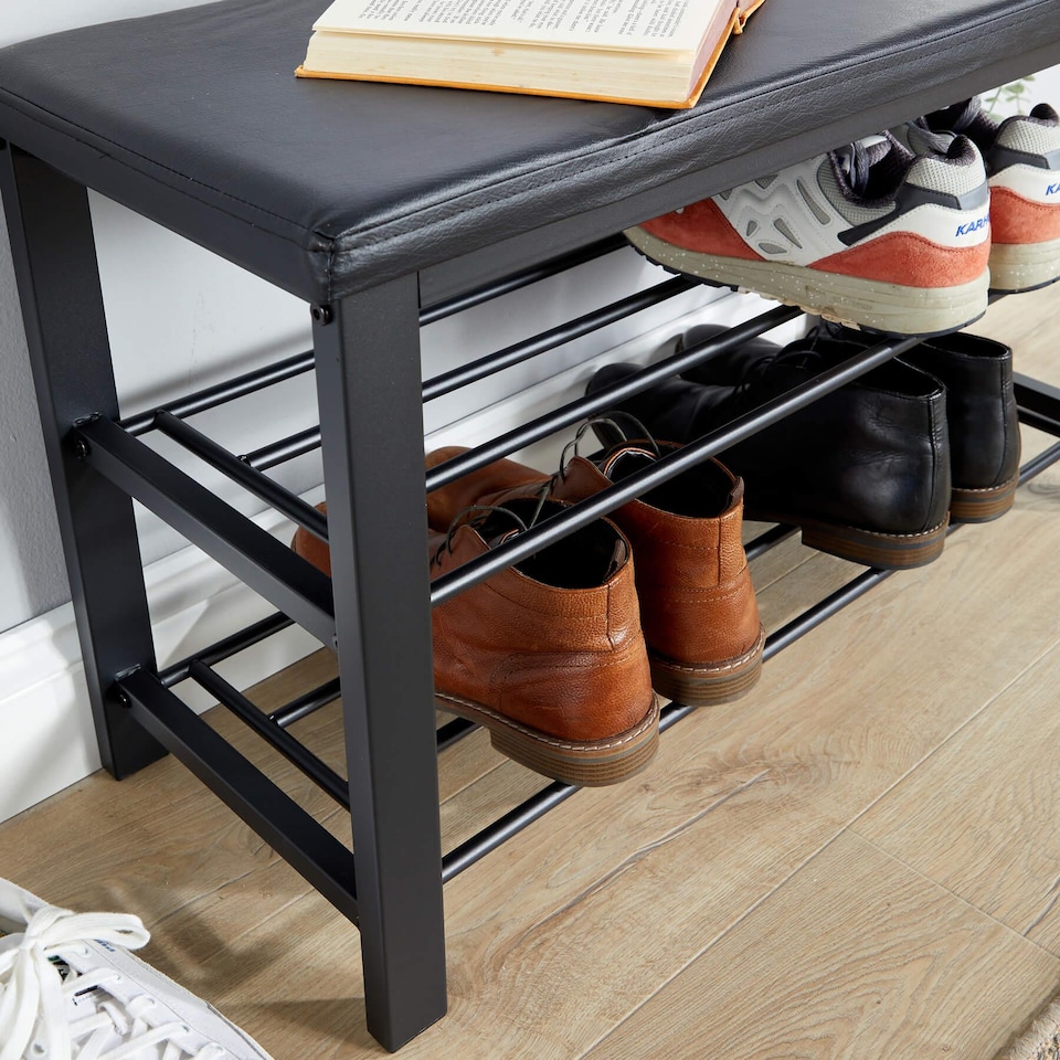 image 1 of Metal Shoe Bench with Storage Shelfs For Entryway Hallway Seating | Black
