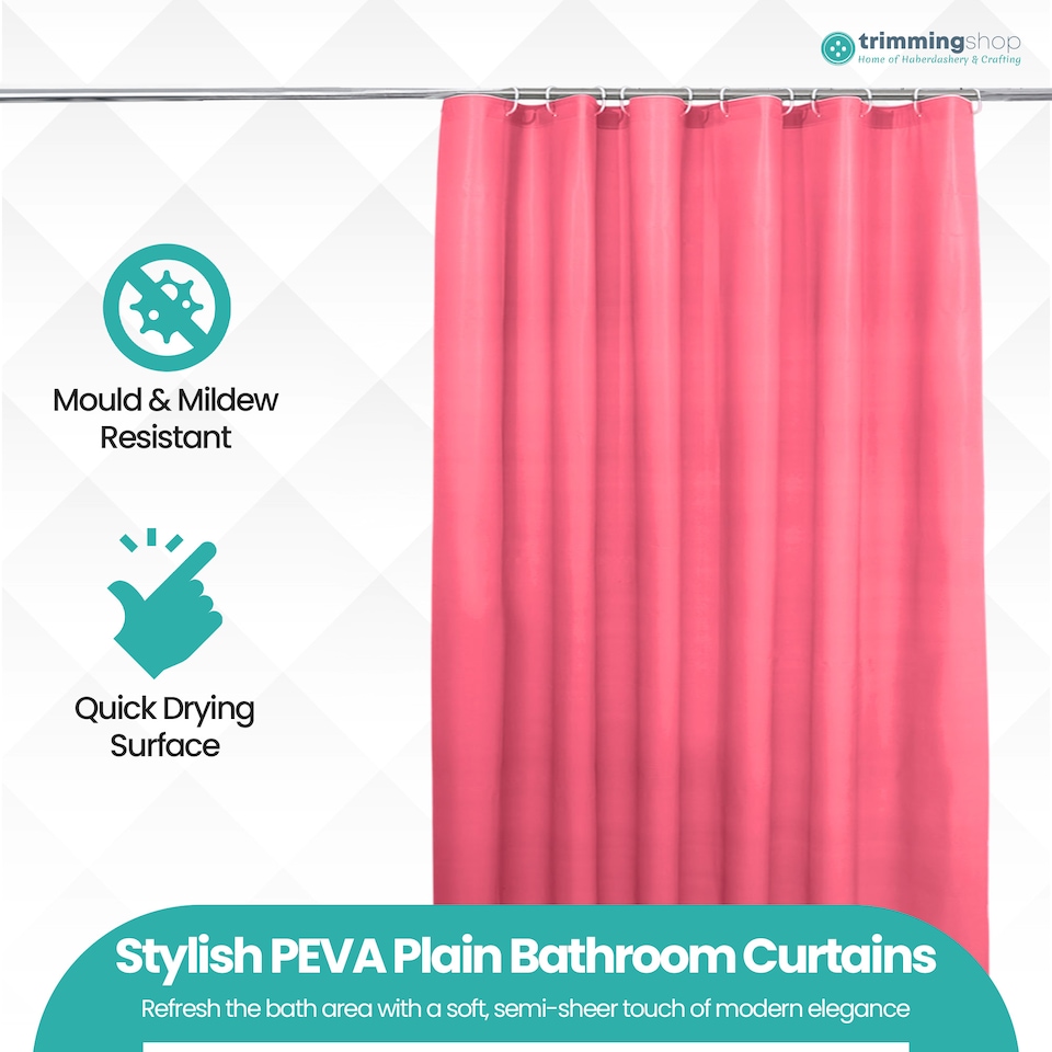 image 1 of Hot Pink Mould & Mildew Resistant Shower Curtain with 12 Hooks - 180x180cm