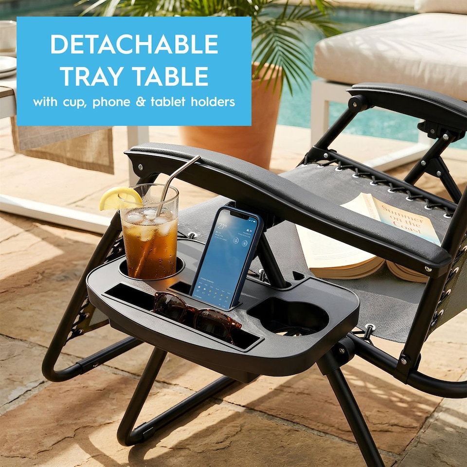 image 1 of Harbour Housewares Zero Gravity Chairs - Grey - Set of 2 - Reclining Folding Garden Patio Beach Loungers with Cup Holders