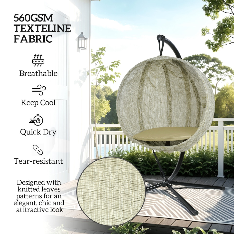image 1 of Outsunny Hanging Egg Chair Outdoor Indoor Swing Chair, Folding Basket, Khaki