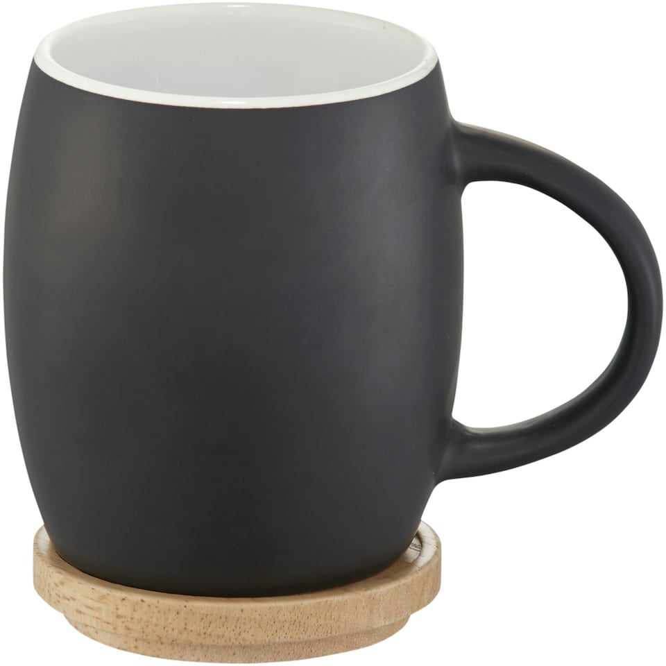 image 1 of Avenue Hearth Ceramic Mug With Wood Lid/Coaster - Solid Black/White - 10.4 x 7.5 cm