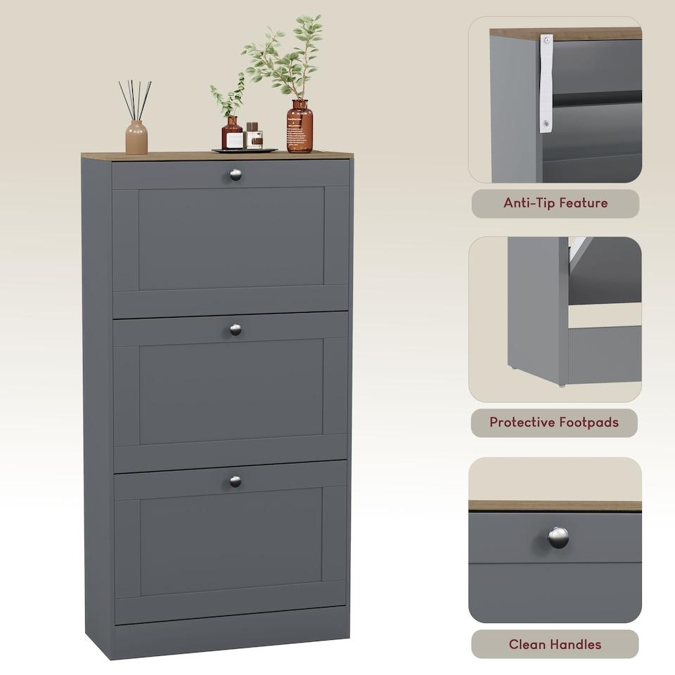 image 1 of Vida Designs 3 Drawer Hallway Shoe Storage Cabinet Unit Compact Design - Grey & Oak