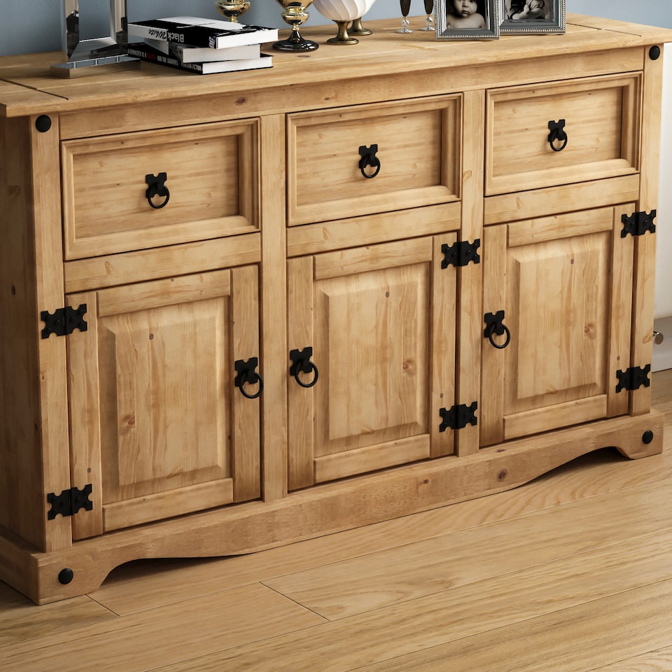 image 1 of Vida Designs Corona 3 Door 3 Drawer Sideboard Buffet Cabinet, Solid Pine Wood