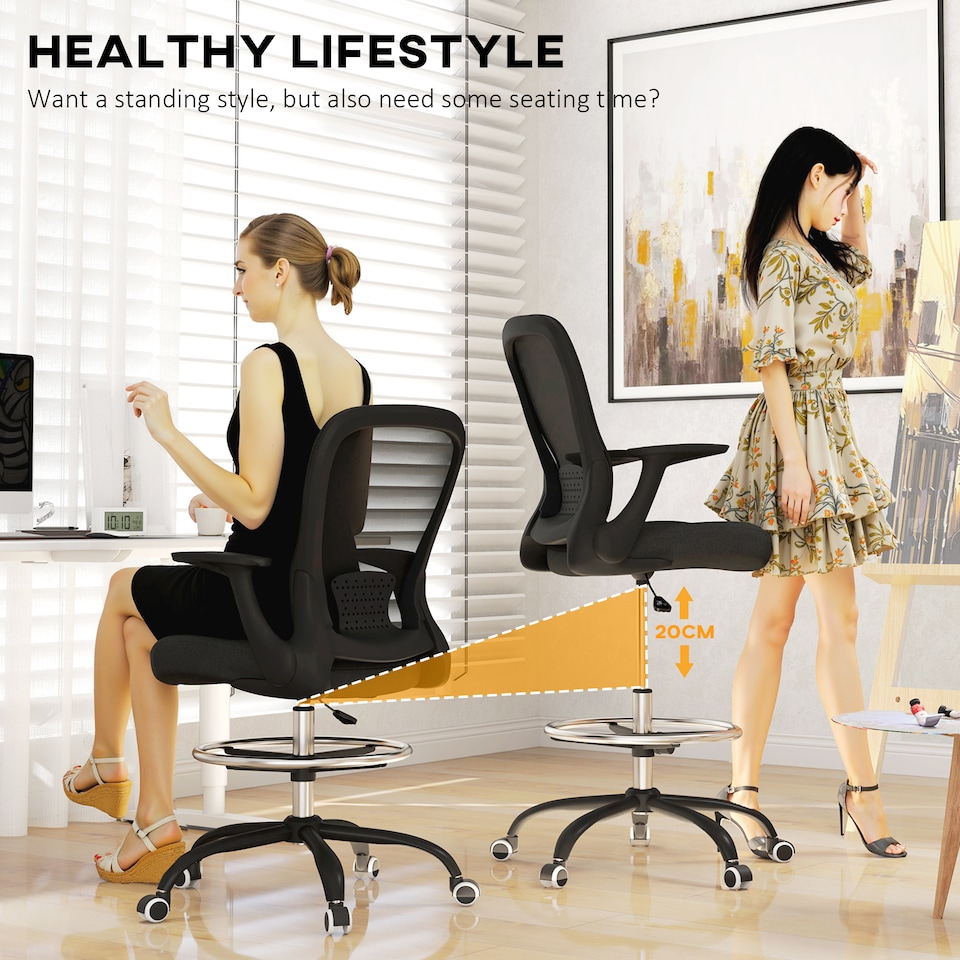image 1 of HOMCOM Drafting Chair, Ergonomic High Office Chair with Flip-up Armrest, Mesh Back, Lumbar Support, Adjustable Foot Ring, Swivel Wheels, for Standing Desk, Black | Black