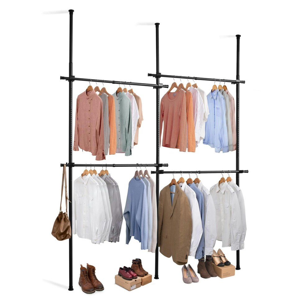 image 1 of Telescopic Double Rail Clothes Wardrobe Organise Hanging Rack Adjustable Storage Black Black | One Size