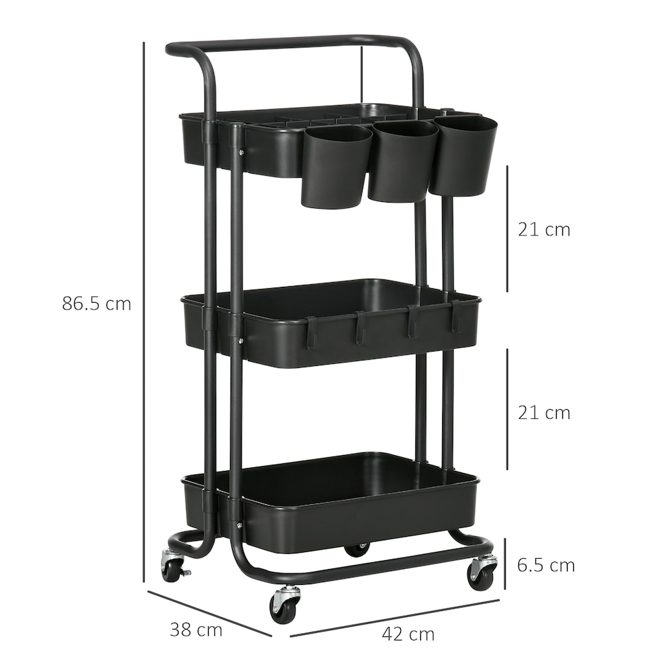 image 1 of HOMCOM 3 Tier Utility Rolling Cart, Kitchen Cart with 3 Removable Mesh Baskets, 3 Hanging Box, 4 Hooks and Dividers for Living Room, Laundry, Garage, Black