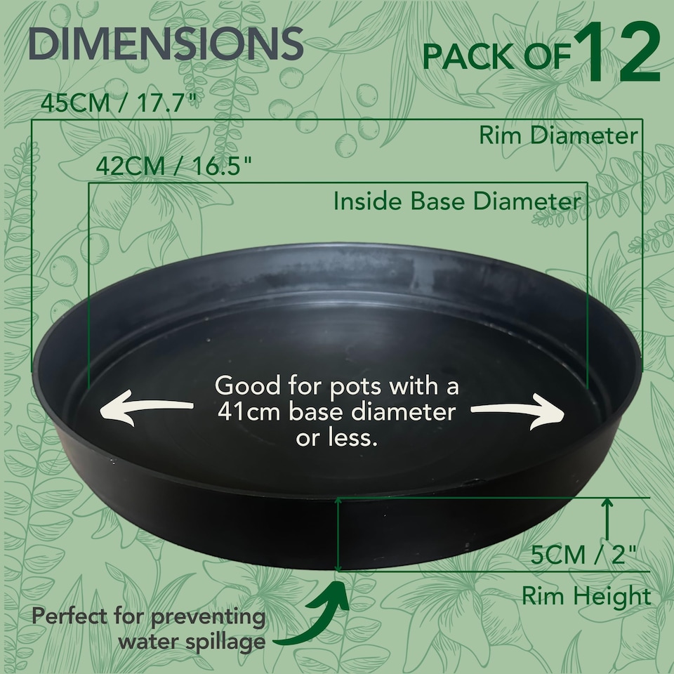 image 1 of 12 Pack Giant 45cm Plant Pot Saucers - Black Industrial Heavy-Duty Round Garden Trays - Frost Proof & Made in UK