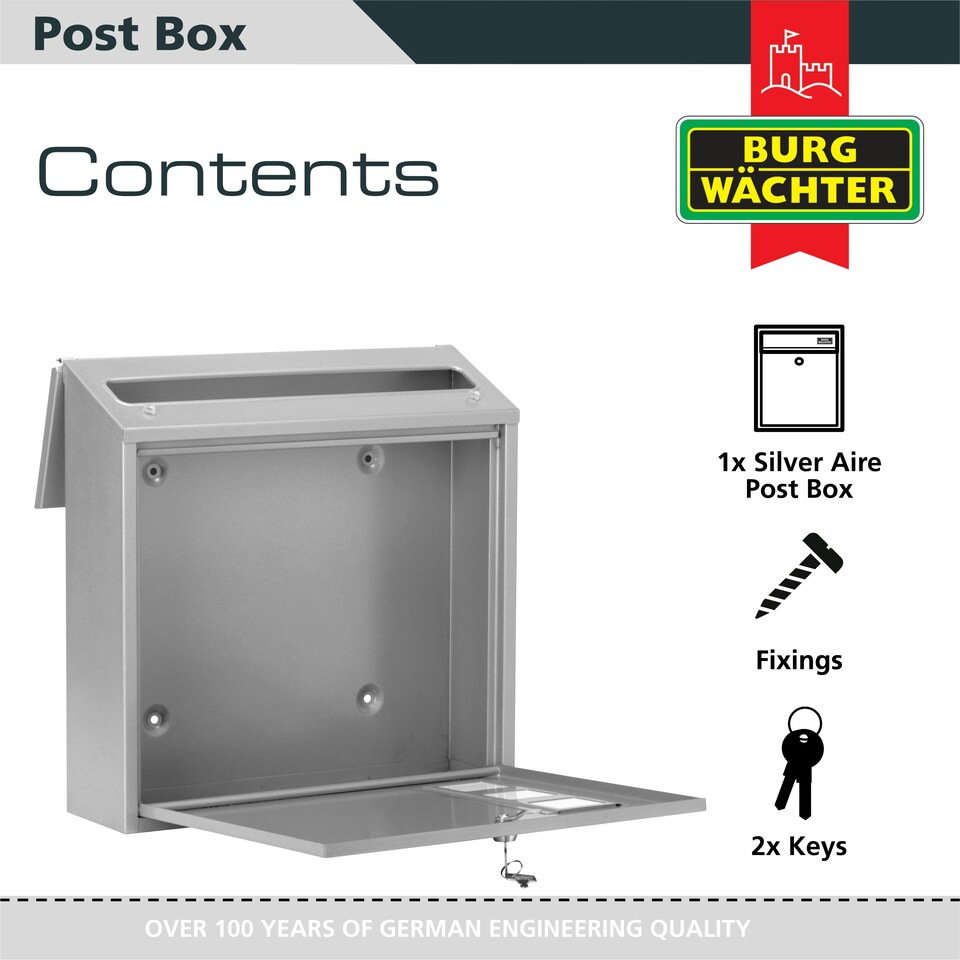 image 1 of Burg-Wachter Aire Wall Mounted Galvanised Steel Lockable Weatherproof Post Box - 37x37x11cm Silver