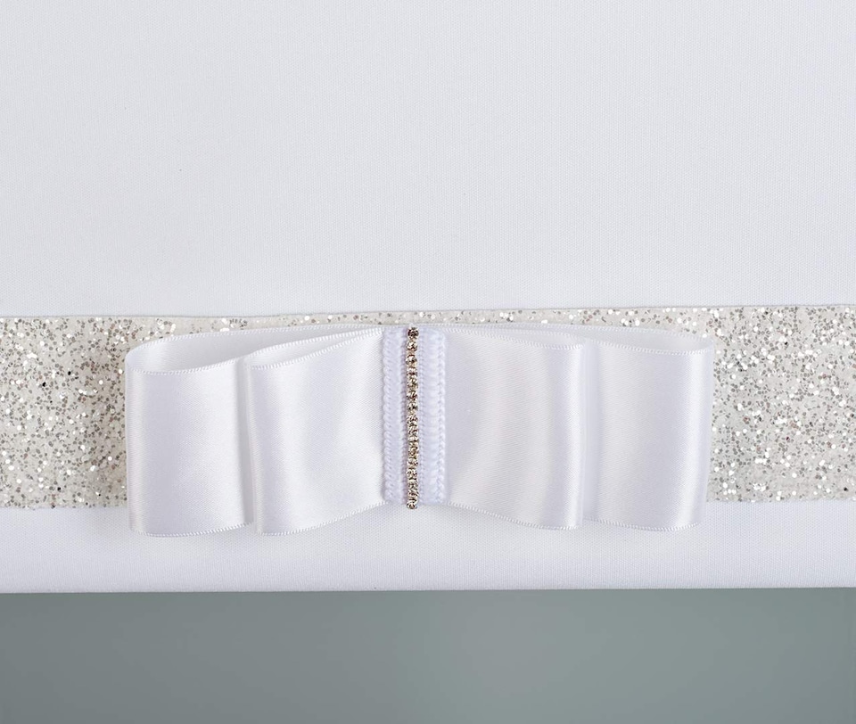 image 1 of FURNISHED Blackout Roller Blind with White Glitter Trim and White Bow Trimmable Window Shade | White | White | (W) 105cm x (L) 165cm