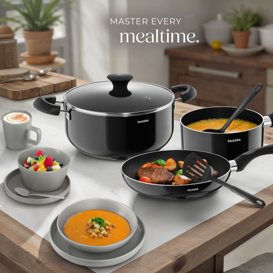image 1 of Dinnerware Set for 6 People with Plates, Bowls, Utensils, Pots and Pans | Grey | grey/black | 45 pc | 1