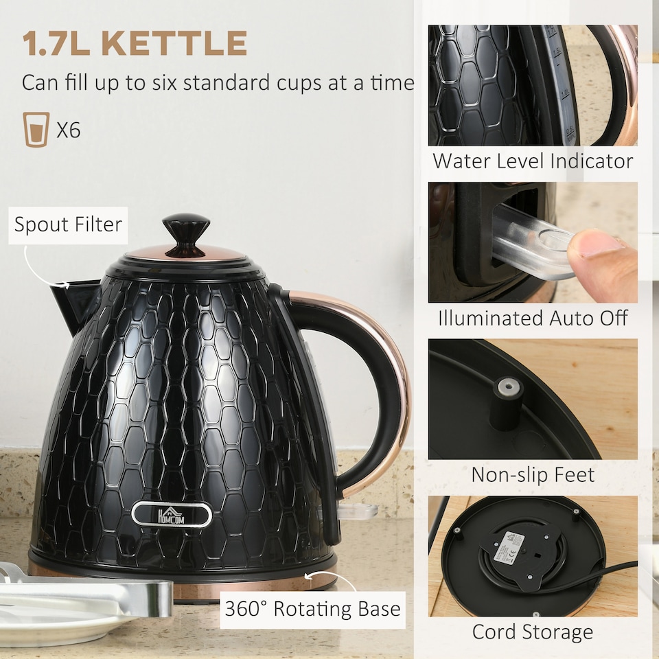 image 1 of HOMCOM Kettle and Toaster Set, 1.7L 3000W Fast Boil Jug Kettle with Auto Shut Off, 2 Slice Toaster with 7 Level Browning Controls & Crumb Tray, UK Otter Thermostat, Black