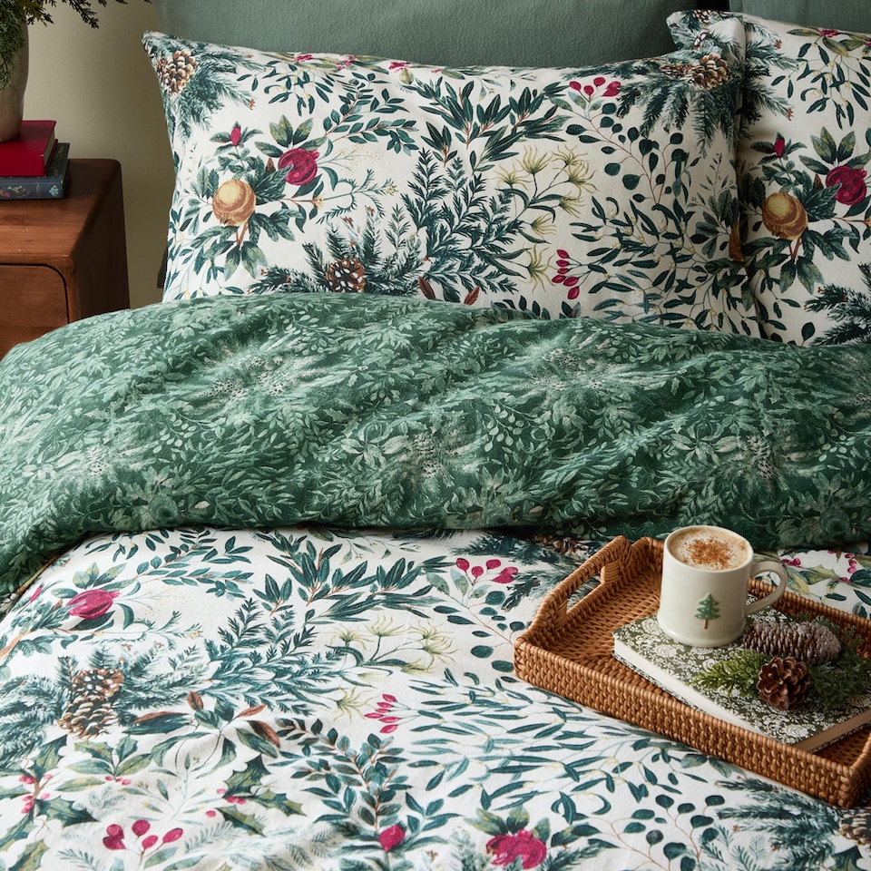 image 1 of Wylder Winter Foliage Reversible Brushed Cotton Duvet Cover Set, Pine Green, Single